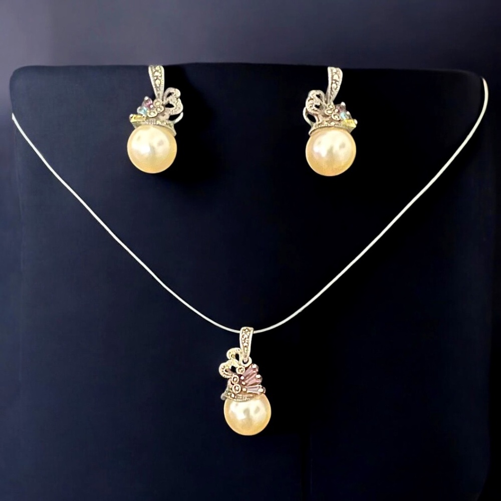 Vintage Pearl, Marcasite, Gemstones on Silver Pendant and Post Earrings Set